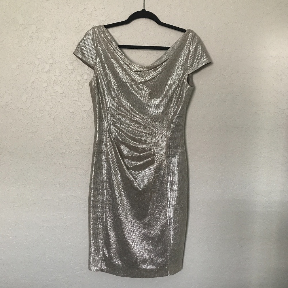 Tahari Draped Neck Metallic Cocktail Dress